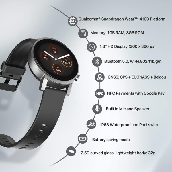 Ticwatch E3 Smart Watch Wear OS by Google for Men Women Qualcomm Snapdragon Wear 4100 Platform Health Monitor Fitness Tracker GPS NFC Mic Speaker IP68 Waterproof Android Compatible Only - Image 3